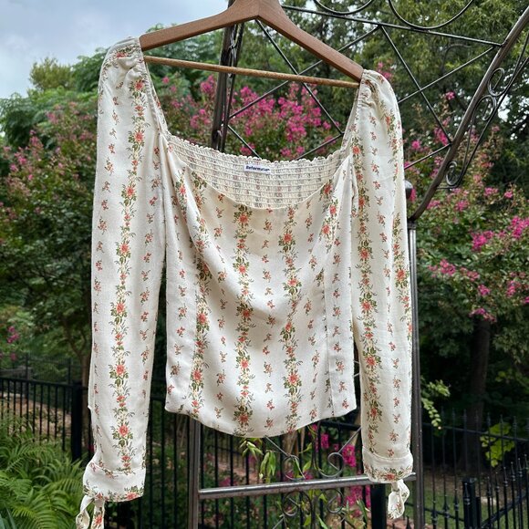 Reformation Ivory Floral Square Neck Ruched Coquette Crop Top Sz M - Picture 1 of 6